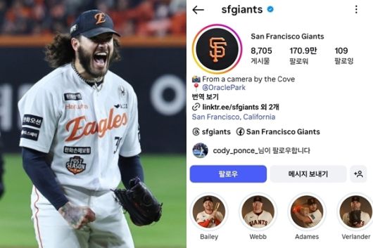 샌프란시스코 자이언츠 구단 인스타그램 계정을 팔로우한 투수 코디 폰세. SNS 캡처