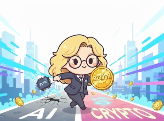 캐시 우드 아크인베스트 최고경영자(CEO)의 인공지능(AI) 기업 ‘팔란티어’에서 가상화폐 거래소 ‘불리시’로의 투자 방향 전환을 형상화한 일러스트.