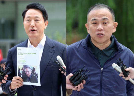 오세훈-명태균 - 오세훈(왼쪽사진) 서울시장과 명태균 씨가 8일 오전 서울 종로구 KT광화문 웨스트빌딩에 마련된 김건희 여사 관련 의혹을 수사하는 민중기 특별검사 사무실에서 진행되는 소환조사에 각각 출석하고 있다. 2025.11.08. 20 뉴시스