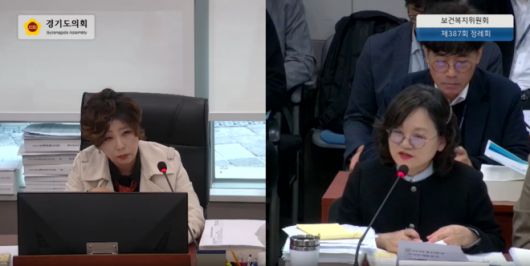 정경자 의원이 12일 열린 제387회 정례회 보건복지위원회 행정사무감사에서 피감기관을 상대로 질의하고 있다.(사진=경기도의회)