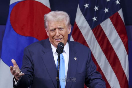 도널드 트럼프 미국 대통령이 지난 10월 29일 경북 경주 예술의전당에서 열린 ‘2025 아시아태평양경제협력체 최고경영자 서밋(APEC CEO SUMMIT)’에 참석해 정상 특별연설 하고 있다.