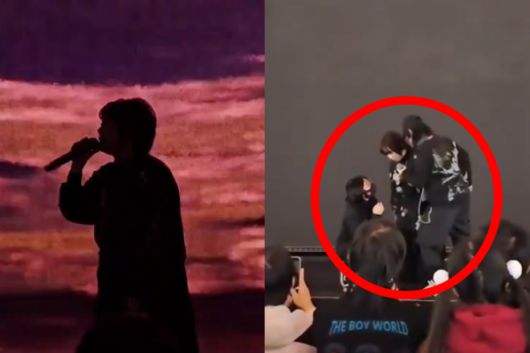 인기 애니메이션 ‘원피스’의 주제가를 부른 일본 가수 오오츠키 마키가 중국에서 공연 중 갑작스럽게 퇴장당하는 일이 발생했다. 사진은 오오츠키가 관객들 앞에서 열창하던 도중 갑자기 무대 뒤 화면과 조명이 꺼진 모습(왼쪽)과 이후 스태프 2명이 오오츠키에게 다가가 무언가 말을 건네는 모습. 엑스(X) 캡처