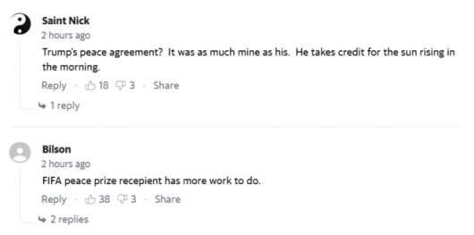 CNN 보도에 달린 온라인 댓글 일부. 이용자들은 “트럼프의 평화협정이 내 것만큼이나 허황되다”, “FIFA 평화상 수상자는 아직 할 일이 많다”며 트럼프 대통령의 중재 성과를 조롱했다. CNN·야후뉴스 갈무리