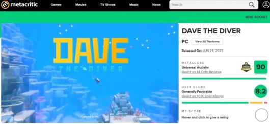 넥슨의 인기작 ‘데이브 더 다이버’가 글로벌 평가 사이트 메타크리틱에서 평점 90점을 기록했다. 넥슨 제공