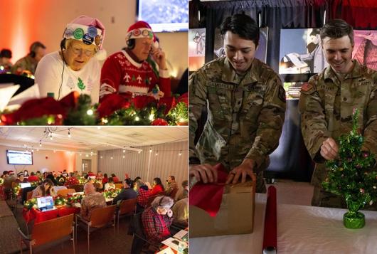 미국 콜로라도주 피터슨 우주군 기지에서 2024년 12월 24일(현지시간) 북미항공우주방위사령부(NORAD) ‘노라드 트랙스 산타’ 작전센터 자원봉사자들이 산타클로스의 이동 경로를 추적하고 있다. 노라드는 매년 크리스마스 이브마다 위성·레이더·전투기 등 실제 방공 임무에 사용되는 장비를 활용해 산타를 추적하는 특별 임무를 수행한다. 오른쪽 사진은 같은 기지에서 미 콜로라도대 ROTC 소속 장병들이 작전센터 설치를 돕는 모습. 미 국방부 제공