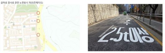 금하로 경사로 노면표시 개선 3개 지점 위치 및 실제 사진