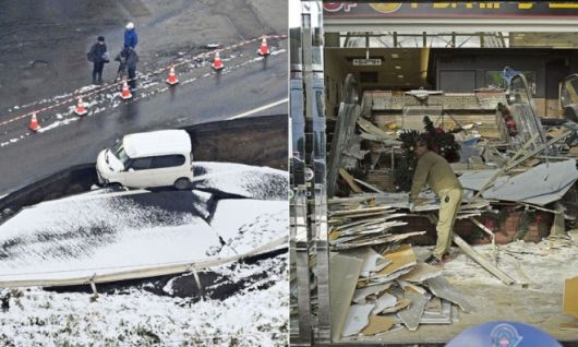 지난 9일 일본 혼슈 동북부 아오모리현 도호쿠에서 차 한 대가 붕괴한 도로에 위태롭게 걸려 있다(왼쪽 사진). 하치노헤에서는 한 남성이 무너져내린 상가 내부의 잔해를 치우고 있다. 전날 밤 아오모리현 앞바다에서 발생한 규모 7.5의 강진으로 도로와 건물 등이 피해를 본 가운데, 일본 정부는 후발 지진 주의 정보를 발표했다. AP 연합뉴스