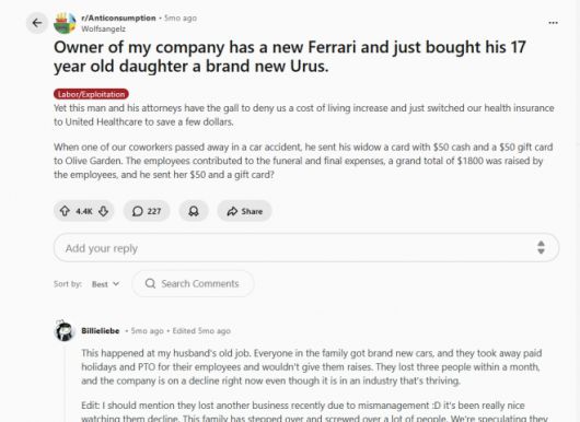 미국 온라인 커뮤니티 레딧에 지난 7월 말 게시된 사연 화면. 회사 오너의 호화 소비와 직원 처우를 둘러싼 문제 제기가 댓글 수백 개의 공감을 얻었다. 레딧 캡처