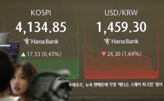 크리스마스이브인 24일 오전 서울 중구 하나은행 본점 딜링룸 현황판에 원/달러 환율이 표시돼 있다.     이날 환율은 전날보다 1.3원 오른 1,484.9원으로 출발했으나 외환당국의 구두개입에 1,460원대 중반까지 급락했다. 2025.12.24