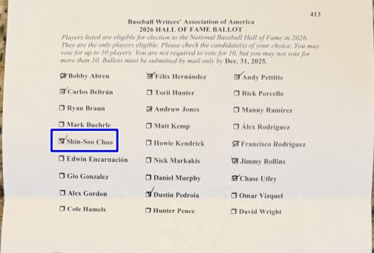 제프 윌슨 기자가 공개한 ‘MLB 명예의 전당’ 투표 용지. DLLS 캡처