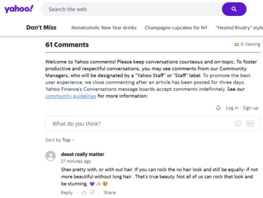 야후뉴스 댓글창에 “머리카락이 있든 없든 아름답다”며 다니 G의 선택을 응원하는 반응이 이어지고 있다. 독자들은 ‘진정한 아름다움’과 ‘자신감’을 강조하며 긍정적인 평가를 남겼다. 야후뉴스 캡처