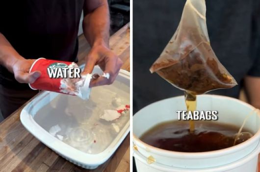 살라디노 박사가 종이컵 안쪽 플라스틱 코팅막을 보여주는 모습(왼쪽)과 플라스틱 티백을 뜨거운 물에 넣는 장면. 인스타그램 캡처