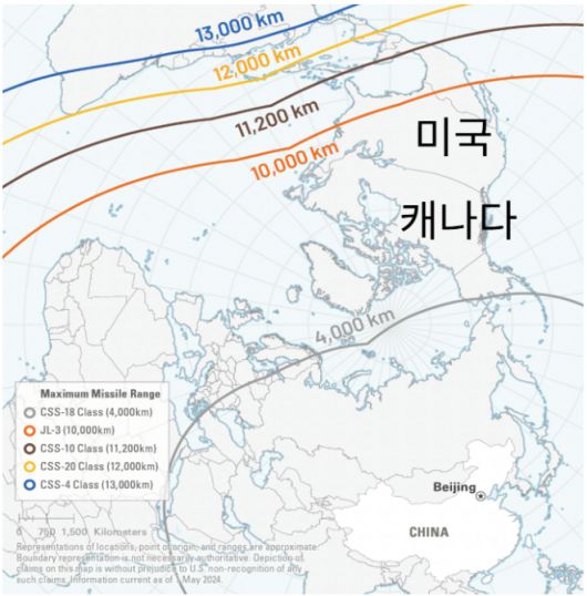 중국의 대륙간 탄도 미사일 사정거리. 출처: 미국 국방부 보고서