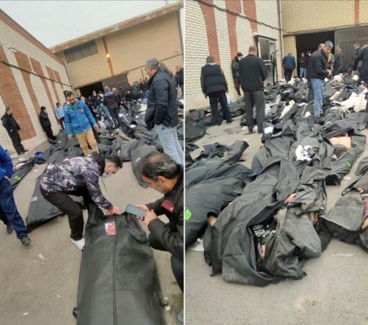 이란 테헤란의 카흐리작 법의학센터 외부에 시신이 담긴 시신 주머니들이 놓여 있다. 현장에는 시민들이 모여 상황을 지켜보고 있다. 이 영상은 11일(현지시간) 소셜미디어에 유포된 영상을 캡처한 것으로, 로이터통신이 건물 구조와 도로 배치 등을 통해 위치를 확인했다. 촬영 날짜는 독립적으로 확인되지 않았다. 로이터 연합뉴스