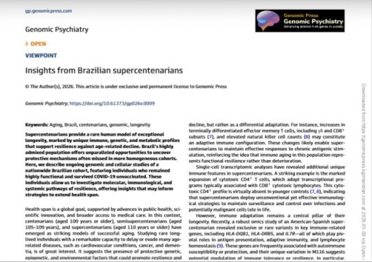 브라질 초고령자의 면역 적응과 장수 특성을 분석한 연구 논문 첫 페이지. 학술지 유전체 정신의학(Genomic Psychiatry) 게재. 자료=Genomic Press