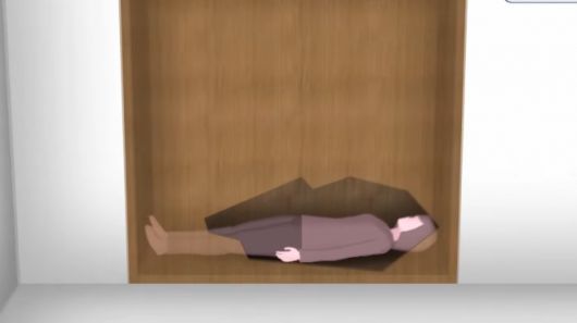 쿠도 히나노의 시신은 마츠쿠라가 운영하는 주점의 창고 벽 안쪽 공간에서 발견됐다. 사진은 발견 당시 모습을 이미지화 한 것. TV아사히 보도화면 캡처