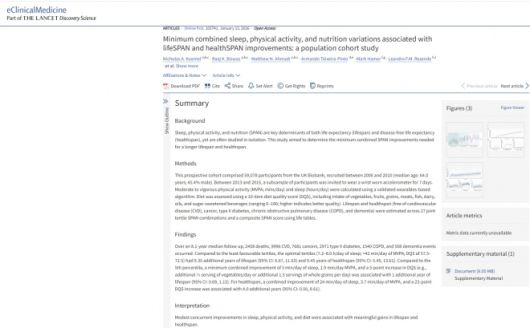 수면·신체활동·식단을 함께 개선했을 때 기대수명과 건강수명이 늘어나는 경향을 분석한 연구 논문. 영국 UK 바이오뱅크 성인 5만9000여 명의 데이터를 바탕으로 최소한의 생활습관 변화가 장기적 건강에 미치는 영향을 추정했다. 자료=eClinicalMedicine