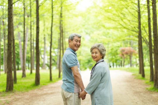 공원 산책로에서 걷고 있는 노년 부부. 연구에 따르면 노년기에는 운동 강도와 관계없이 신체 활동량을 유지하는 것만으로도 치매 위험을 낮추는 효과가 나타났다. 아이클릭아트