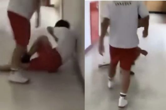 일본 오이타현의 한 중학교에서 촬영돼 소셜미디어(SNS)에 확산한 학교 폭력 영상. 한 학생이 복도에서 또래 학생을 무차별 폭행하고, 피해 학생은 아무런 저항도 하지 못하고 있다. 자료 : 엑스