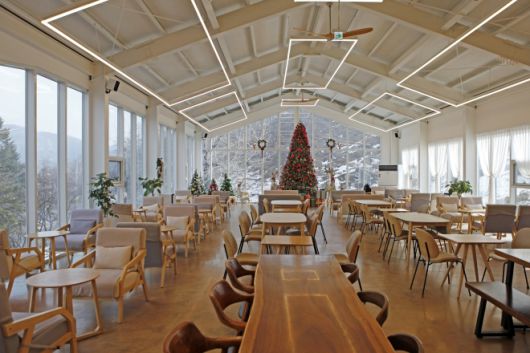 초록뿔언덕 카페는 사면이 유리창으로 돼 있어 사슴농장뿐 아니라 태백의 겨울 산세를 감상할 수 있다. 초록뿔언덕 제공