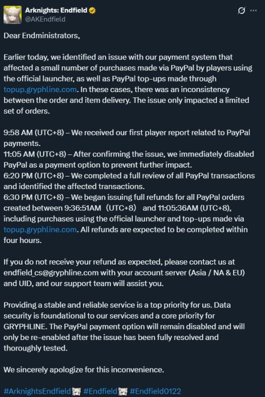 공식 입장을 밝힌 그리프라인 / 사진='명일방주: 엔드필드' 영문 SNS