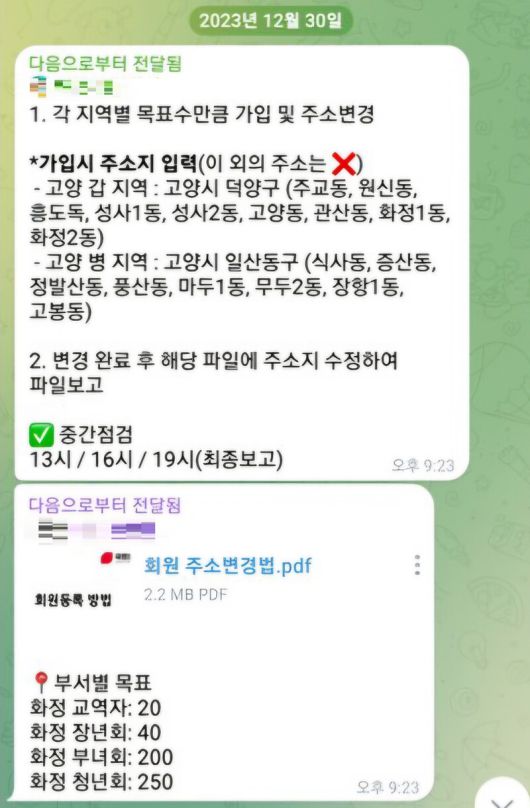 ㄱ씨가 2023년 12월30일 신천지 쪽으로부터 받은 ‘국민의힘 당원 가입 및 당원 주소변경’ 지시가 담긴 텔레그램 메시지. ㄱ씨 제공