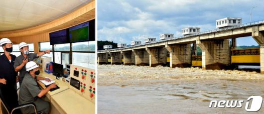 (평양 노동신문=뉴스1) = 북한 노동당 기관지 노동신문이 7일 보도한 미림갑문사업소의 모습. 북한도 중부 지역에 내린 폭우 피해를 최소화하기 위해 총력을 기울이고 있다. 신문은 '갑문사업소의 일꾼들과 노동계급은 최대로 각성하고 긴장해 감시를 강화하고 있다'라고 전했다.   &amp;#x5b;국내에서만 사용가능. 재배포 금지. DB 금지. For Use Only in the Republic of Korea. Redistribution Prohibited&amp;#x5d;  rodongphoto@news1.kr