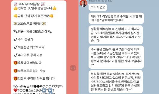 /사진(왼쪽)=오픈채팅 리딩방 갈무리. '평균 수익률 250%' 등 홍보 문구는 거짓·과장의 표시·광고행위일 경우 2년 이하의 징역 또는 1억 5000만원 이하의 벌금에 처할 수 있다. 사진(오른쪽)=존리 메리츠자산운용 대표를 사칭한 리딩방. 주식뿐만 아니라 암호화폐 등 다양한 투자수단까지 권하고 있다. 유사투자자문업자로는 불법인 1:1 투자자문도 권하고 있다.