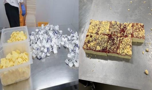 유통기한이 경과한 버터를 기내식용 빵의 원료로 사용할 목적으로 개별포장을 벗겨내 한곳에 모아두고 있다(왼쪽) 유통기한이 경과한 버터를 이용해 기내식용으로 만든 빵(오른쪽)/사진=식약처