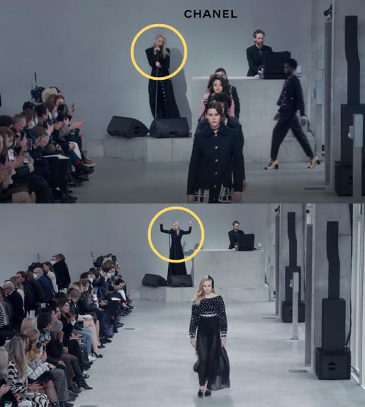 모델 수주가 샤넬 2021-22 공방 컬렉션에서 노래를 부르는 모습./사진=샤넬(CHANEL)