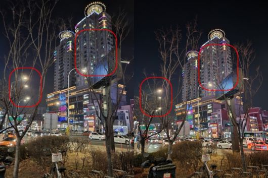 (왼쪽부터) 갤럭시Z플립3과 갤럭시 S22 울트라로 찍은 야간사진. 갤럭시Z플립3으로 찍은 사진보다 빛번짐이 적고 어두운 부분 없이 밝게 표현됐다.