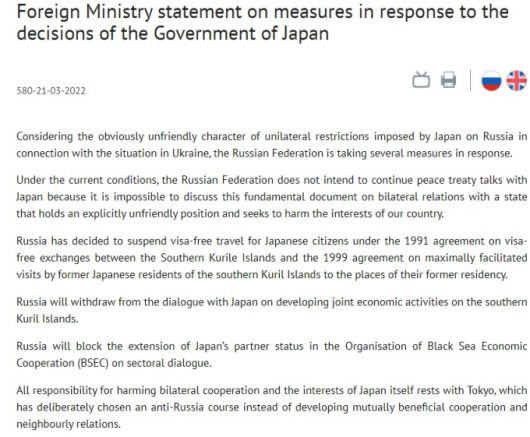 21일(현지시간) 러시아 외무부는 일본 정부의 러시아 제재에 대한 대응 조치로 일본과의 평화조약 체결 협상을 중단한다고 밝혔다. /사진=러시아 외무부 홈페이지 갈무리