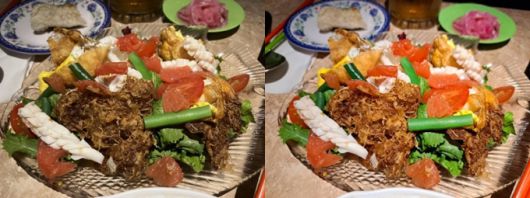 같은 구도에서 아이폰SE(왼쪽)와 갤럭시A53(오른쪽)으로 찍은 사진. 갤럭시A53이 음식 사진을 훨씬 생동감있게 담아냈다.