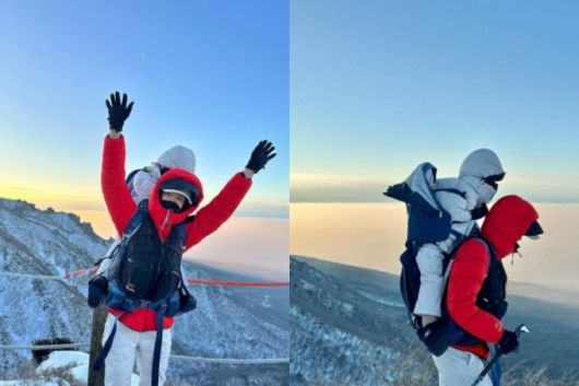 아들을 등에 업고 눈 덮인 한라산을 등반한 배우 이시영 / 사진=이시영 인스타그램 캡처