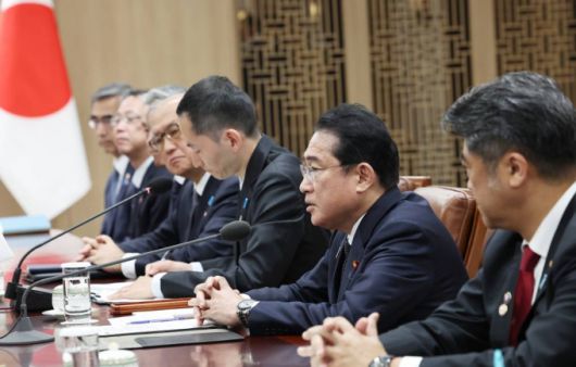 [서울=뉴시스] 전신 기자 = 기시다 후미오 일본 총리가 7일 서울 용산 대통령실 청사에서 열린 한·일 정상 확대 회담에서 발언하고 있다. 2023.05.07.