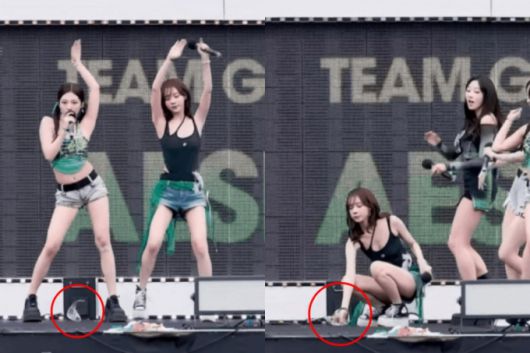 에스파 닝닝(왼쪽 사진 왼쪽)이 떨어뜨린 고글을 챙기는 윈터(오른쪽 사진 왼쪽) /사진=온라인 커뮤니티 캡처