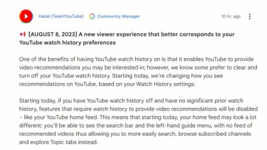 /사진=구글 유튜브 커뮤니티 공지 갈무리