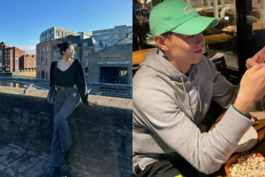 (왼쪽부터) 'LEFT HANDED GIANT'(왼손잡이 거인) 문구 앞에서 사진을 찍은 최혜선, 초록색 모자와 팔찌를 착용한 이관희 /사진=최혜선 인스타그램, 이관희 인스타그램 캡처