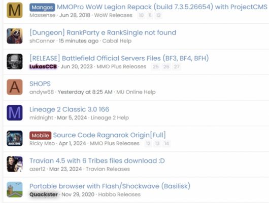 프리섭 소스코드를 공ㅇ하는 해외 커뮤니티. 국산 게임인 리니지2와 라그나로크의 소스파일도 보인다. /사진=RaGEZONE 캡처