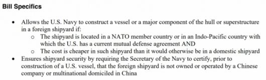 마이크 리 미국 공화당 상원 의원은 지난 5일(현지시간) '해군 준비태세 보장법'(Ensuring Naval Readiness Act)을 발의했다. 세부 내용으로는 '미 해군이 선박 또는 선체, 상부 구조물의 주요 구성 요소를 외국 조선소에서 건조할 수 있도록 허용한다'는 내용이 담겼다. 조선소 위치는 '북대서양조약기구(NATO) 회원국 또는 미국이 현재 상호방위협정을 맺은 인도태평양 국가'라고 한정했다. '중국이 운영하거나 소유해선 안 되고 중국에 본사를 둔 다국적 기업이 운영하는 곳이 아니어야 한다'는 조건도 달았다. / 사진=마이크 리 미국 공화당 상원 의원실