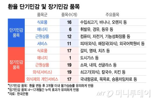 환율 단기민감 및 장기민감 품목/그래픽=이지혜