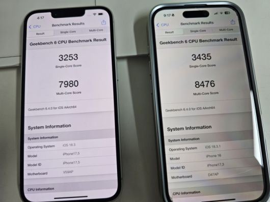 아이폰16e(왼쪽)와 아이폰16의 긱벤치6 테스트 결과. /사진=김승한 기자