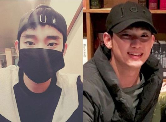 유튜브 채널 '가로세로연구소'가 지난 14일 공개한 배우 고(故) 김새론, 배우 김수현이 함께 찍은 사진을 공개한 가운데, 누리꾼들이 해당 사진 속 김수현이 착용한 모자를 통해 촬영 시기를 2015~2017년일 것이라 추측했다. 사진 왼쪽은 김수현이 2016년 1월 인스타그램을 공개한 사진, 사진 오른쪽은 2017년 2월 촬영된 사진이다./사진=김수현 인스타그램, 온라인 커뮤니티