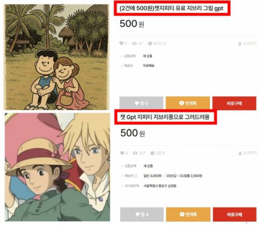 며칠 새 챗GPT를 통해 애니메이션 화풍의 이미지가 무려 7억장 넘게 제작되며 그야말로 선풍적인 인기를 끌고 있다. 하지만 저작권은 물론 초상권에 대한 논란도 끊이지 않고 있는데 이번엔 지브리풍 제작 이미지를 판매하거나 돈을 받고 만들어주겠다는 SNS 게시글이 등장해 논란이다.사진=번개장터 갈무리