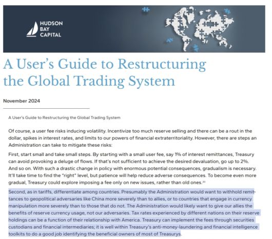 스티븐 미란 백악관 경제자문위원회(CEA) 의장은 지난해 11월 허드슨베이캐피털 재직 시절 '글로벌 무역시스템 재편을 위한 사용자 안내서'라는 보고서 31페이지에 트럼프 2기 행정부가 동맹에 부담을 더 늘리길 바랄 것이라고 전망한 내용. / 사진=허드슨베이캐피털