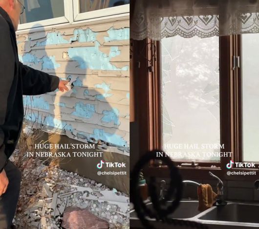 지난 17일 미국 네브래스카주 동부와 아이오와주 서부 지역에 시속 약 128㎞의 돌풍과 함께 우박이 몰아쳤다. 네브래스카주 오마하 외곽 마을에 사는 첼시 페티트는 이날 오후 6시15분부터 약 15분간 지역에 몰아닥친 폭풍우를 영상으로 기록해 SNS(소셜미디어)에 공유했다. 영상에는 우박으로 손상된 외벽과 창문 등의 모습이 담겼다. /사진=틱톡 @chelsipettit
