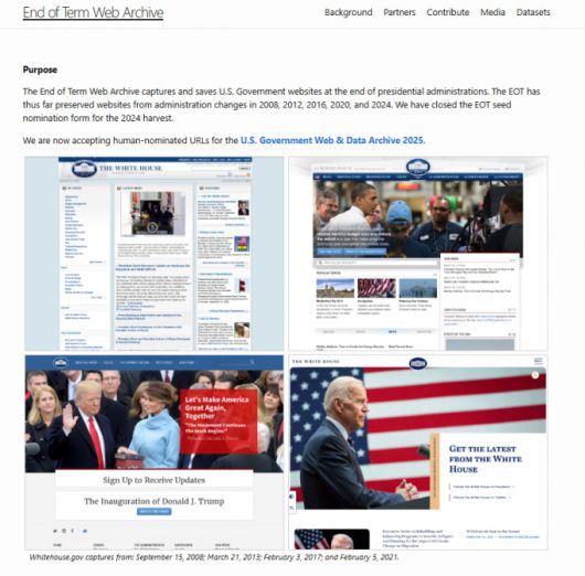 미국 정부 웹사이트 정보 영구 저장 프로젝트인 '임기 말 웹 아카이브'(EOT) 홈페이지