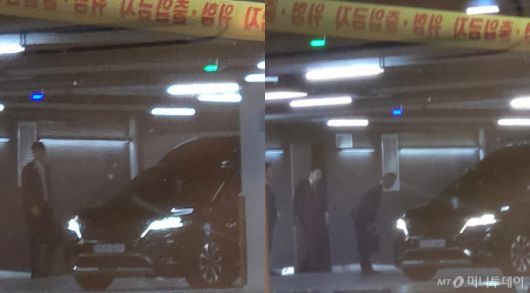 신유열 (왼쪽 사진) 부사장으로 추정되는 인물이 투숙객들의 이용이 금지된 조선팰리스 호텔 지하4층 출입구에서 나와 차에 올라타고 있다. 수행원으로 추정되는 인물들이 따라나와 차에 올라탄 인물에게 인사를 하고 있다./사진=최지은 기자
