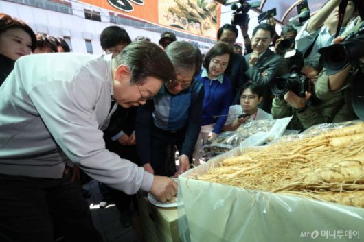 [진안=뉴시스] 조성봉 기자 = 민심을 청취하는 '경청 투어'에 나선 이재명 더불어민주당 대선후보가 7일 전북 진안군 새참거리 인근에서 수삼을 살펴보고 있다. .2025.05.07. suncho21@newsis.com /사진=조성봉