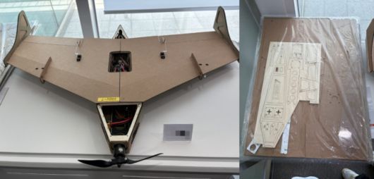 150만원 가격의 골판지 드론. 드론 앞 부분에 폭약 등을 탑재할 수 있다고 한다. / 사진=김인한 기자